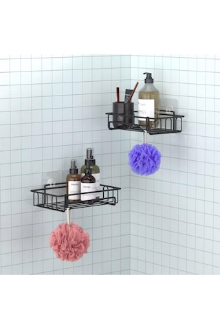 Banyo Düzenleyici Yapışkanlı Metal Banyo Ve Dolap Rafı İkili Duş Rafı Organizer Şampuanlık Mat Siyah-gnrl242 Siyah