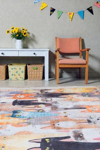 Renkli Kedi Desenli Kilim Çocuk & Oyun Odası Dekoratif Tasarım Çok Renkli Çok Renkli