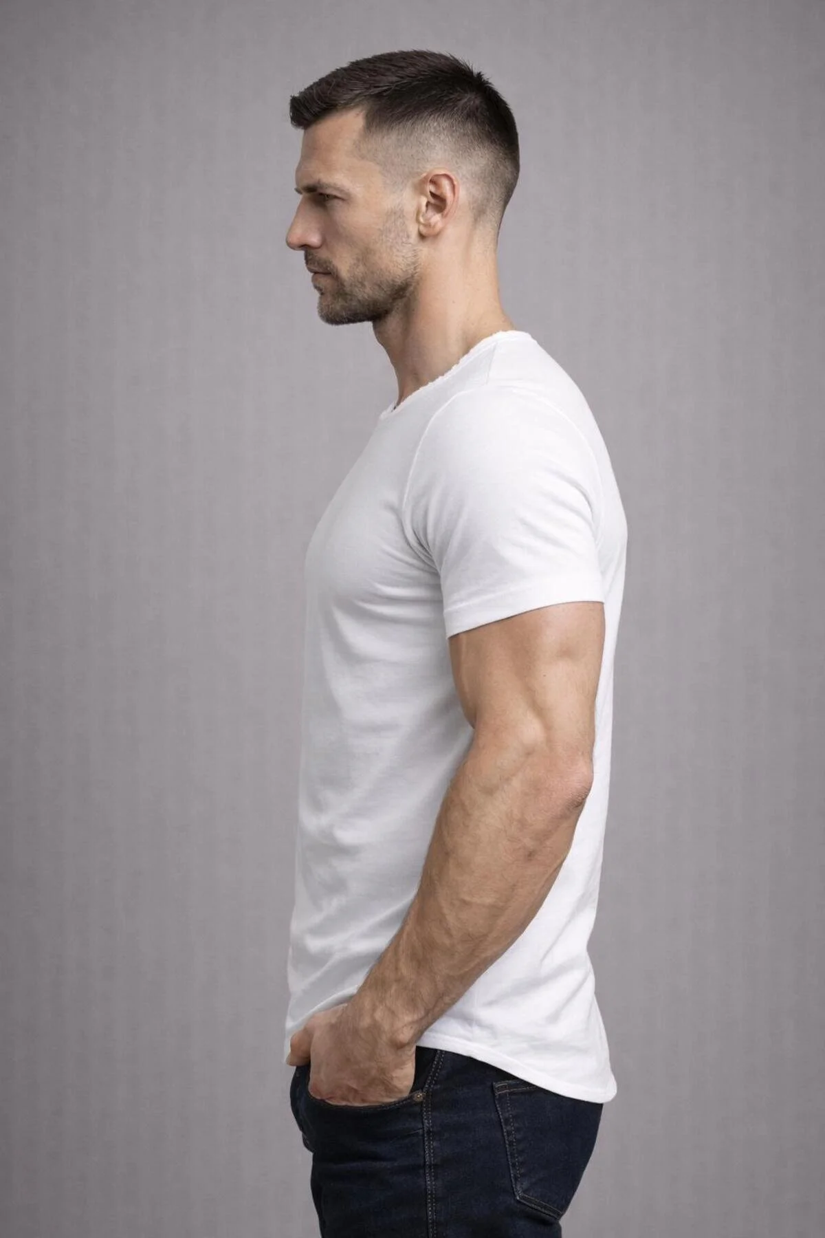 Erkek Siyah Oval Etek Normal Geniş Yaka Pamuklu Slim Fit Kısa Kollu Tişört T-shirt Beyaz