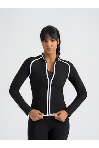 Lismina Lineedge Zip Beyaz Biyeli Siyah Uzun Kollu Spor Ceket Siyah - Beyaz
