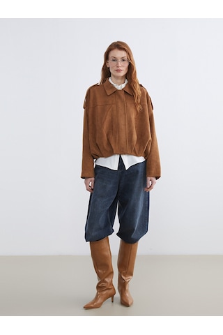 Lcw Vision Kahverengi Gömlek Yaka Oversize Kadın Süet Görünümlü Ceket Xl-2xl