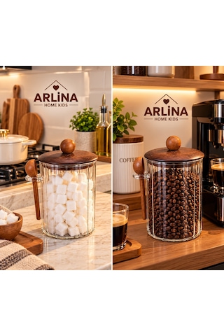 650 Ml Akasya Kapaklı Kaşıklı Cam Kavanoz Şeffat Cam - Akasya Ahşap Kapak