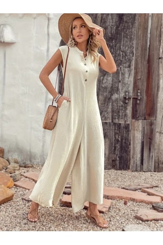 Ahes Shopping Kadın Kısa Kollu Önden Düğmeli Paçaya Doğru Geniş Cepli Uzun Bürümcük Tulum Bej