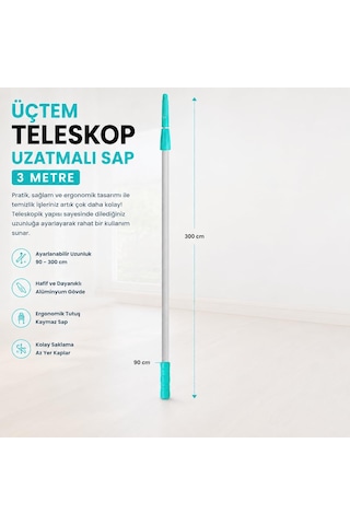 Üçtem 3 Metre Teleskopik Uzatma Sapı Mop, Cam Silme Ve Fırça Uyumlu Ayarlanabilir Alüminyum Temizlik Sapı H