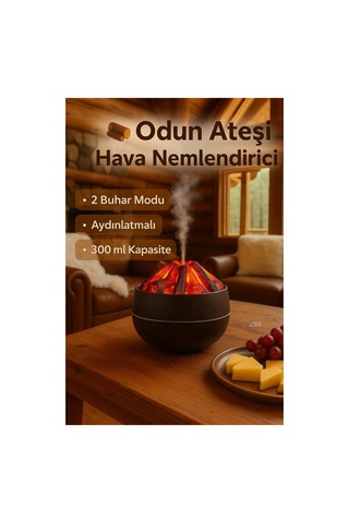 Koyu Ahşap Görünümlü Odun Ateşi Tasarımlı Difüzör Led Işıklı, 2 Buhar Modlu Hava Nemlendirici