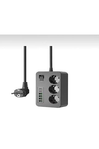 3 Lü Akım Korumalı Grup Priz 4 Usb + 2 Usb-c Çıkışlı, 2 Metre Kablolu, Çocuk Korumalı, Açma Kapama Anahtarlı 2 M