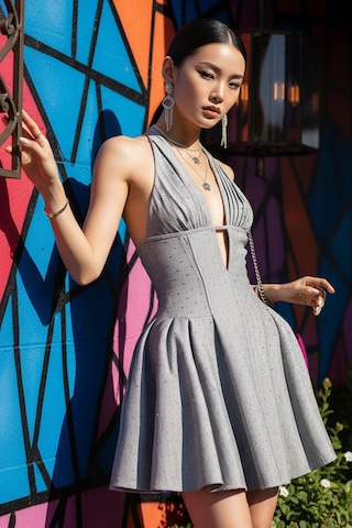 Fashion Cocktail Siyah Kartaneli Simli Askılı Bağlamalı Göğüs Pileli Kabarık Tütü Beli Saran Fit Süper Mini Elbise Gri