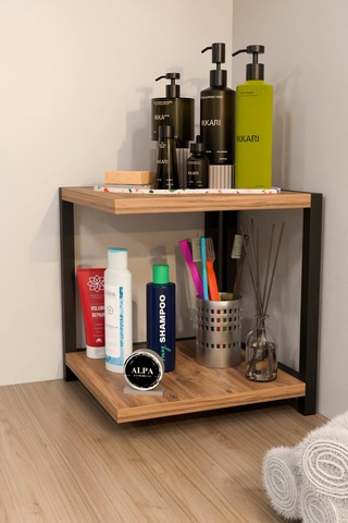 İki Raflı Banyo Köşe Kare Düzenleyici Organizer Raf Metal Gövdeli Çok Amaçlı Banyo Standı Atlantik Çam