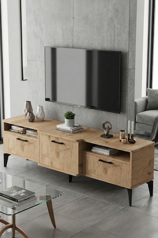 Tv Sehpası 160 Cm Kapaklı Raflı Televizyon Ünitesi Salon Oturma Odası Tv Sehpa Mistral Bej