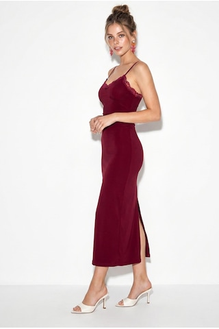 Shade Kadın İnce Askılı Dantel Detaylı V Yaka Vücuda Oturan Maxi Elbise 2338 60286243 - Bordo