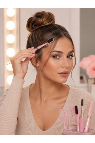 Saç Şekillendirme Topuz Tarağı Krepe Fırçası İnce Uçlu Ayırma Tarağı Ve Loop Topuz Aparatı Sleek Bun 5'li Set 001