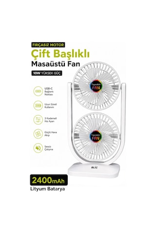 Exenar - Beyaz - Çift Başlıklı Masaüstü Fan Brushless Motor 10w Güçlü Vantilatör Ayarlanabilir Başlık 2400 Mah Şarjlı
