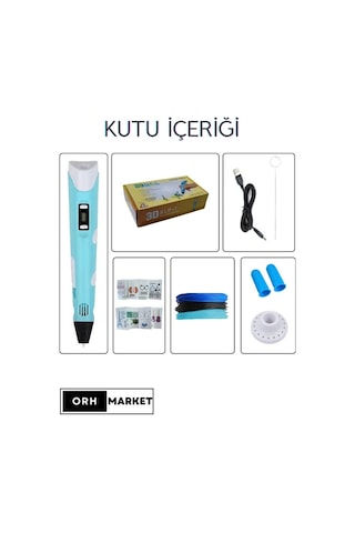 Mavi 3D Kalem 3D Pen Yazıcı Kalem – 3 Adet 3 Metrelik PLA Filament (Toplam 9M) + USB Kablo