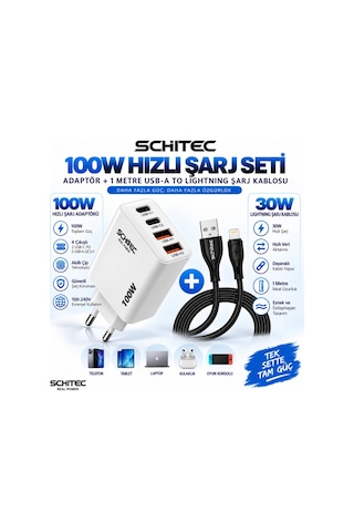 Schitec 100w 4 Çıkışlu Hızlı Şarj Başlığı Ve Usb-a To Lightning 30w Hızlı Data Ve Şarj Kablosu