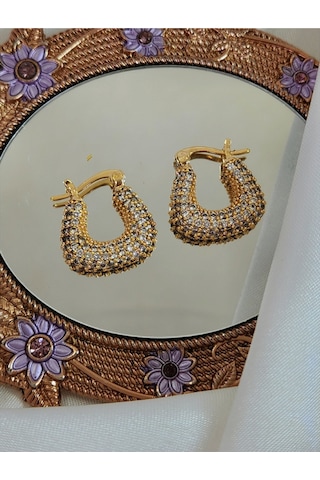 Arp Model Minimal Zirkon Taşlı Zarif Gold Renk Çelik Küpe Gold