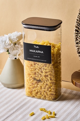 Peter Bambu Kapak Borosilikat Dikdörtgen Cam Kavanoz 1800 Ml 8x12x25 Cm 4 Adet Etiketli Seffaf Şeffaf