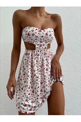 Straplez Elbise Baskılı Beyaz