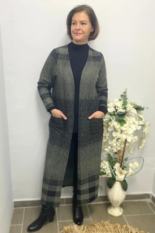 Mia Butik Büyük Beden Haki Siyah Kare Desenli Uzun Hırka Haki