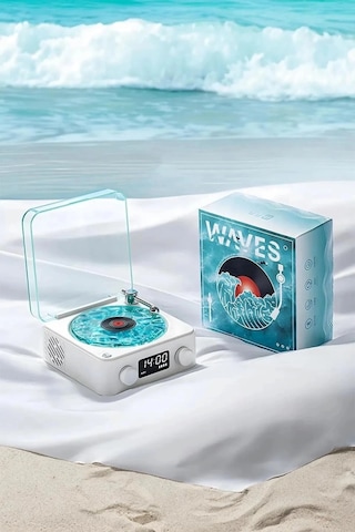 Just Cheap Store Waves Nostalji Plak Görünümlü Bluetooth Hoparlör 3d Ses Dalgası Retro Müzik Plak Mavi