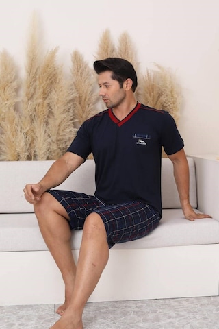 Erkek V Yaka Düğmesiz Ekose Desen Kısa Kol Cepli Şortlu %100 Pamuk Pijama Takımı Lacivert