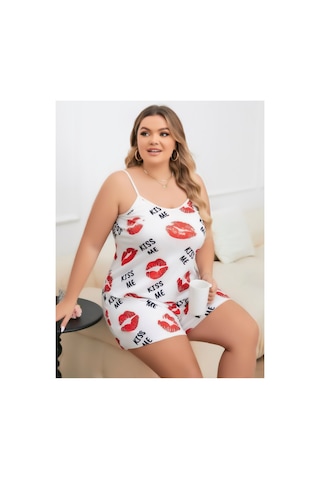 Lily Bianca Nightwear Desenli Askılı Ve Şortlu Büyük Beden Penye Gecelik Beyaz