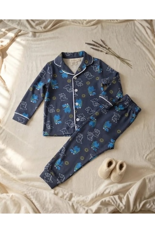 Genel Markalar Mavi Dinosaur Baskılı Pamuklu Kız Çocuk Pijama Takımı Mevsimlik