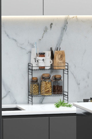 2 Katlı Mutfak Rafı Banyo Dolabı Çok Amaçlı Düzenleyici Baharatlık Masa Üstü Tezgah Raf Organizer 35x15 Siyah