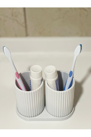 Modern Banyo Düzenleyici - Diş Fırçalık Seti - Ikili Set - Beyaz 10cm Beyaz