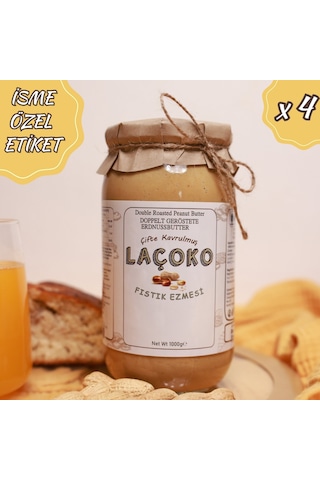 Laçoko İsme Özel Şekersiz Glutensiz Vegan Çifte Kavrulmuş Yer Fıstığı Ezmesi 4 x 1 KG