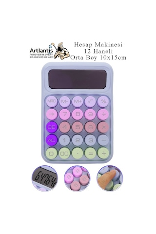 Hesap Makinesi Orta Boy Masaüstü 1 Adet 12 Haneli Yuvarlak Tuşlu Renkli Hesap Makinası 10x15 Cm Renkli Büro Ofis Öğrenci Çok Renkli