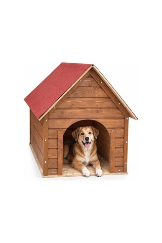 Reyo Büyük Boy Köpek Kulübesi, Lambiri Ahşap Şıngıl Kırmızı Çatılı Soğuk ve Rüzgara Dayanıklı Köpek Evi Demonte 100 x 100 x 78 CM