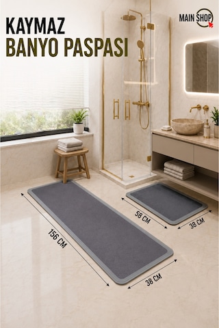Mainshop 2 Li Set Sihirli Su Emici Mutfak Banyo Paspası Kaymaz Tabanlı 156x38 Cm Takım 38x58 Cm Yazısız Model M-62 Gri