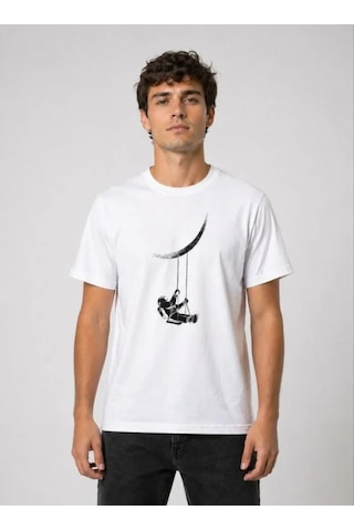 Veraura Lifestyle Erkek Astronot Ay Temalı Tişört Kısa Kol Yazlık Bisiklet Yaka T-shirt - Beyaz