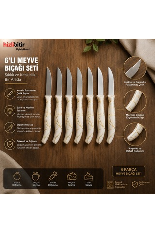 Bymyhand Beyaz Mermer Desenli Meyve Bıçağı 6'lı Set
