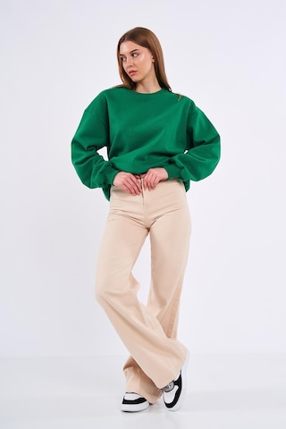 Mmetalic Yeşil Kadın Pamuklu Oversize Basic Bisiklet Yaka Sweatshirt 001