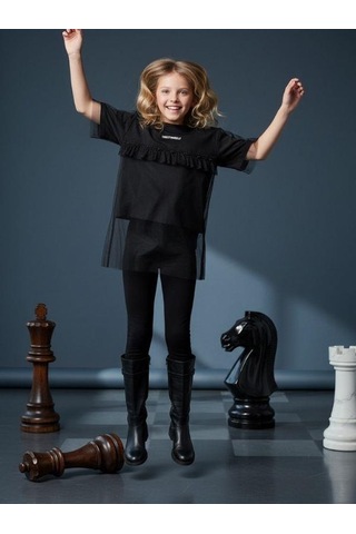 Zekids Kız Çocuk Tüllü Fırfır Detaylı Kısa Kollu Tasarım T-shirt-16549 Siyah