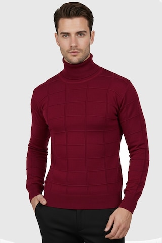 Rizzup Erkek Bordo Kare Desenli Balıkçı Yaka Slim Fit Boğazlı Triko Kazak 2505493