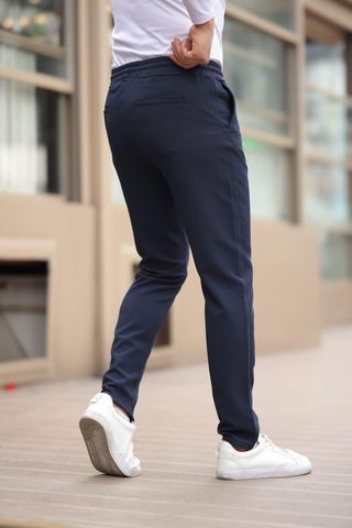 Afri Düğmesiz Kareli Kumaş Lacivert Mavisi Jogger Pantolon Lacivert