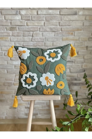 Swita Home Tekli Dekoratif Punch İşlemeli Çiçek Desen Kırlent Kılıfı Koyu Yeşil