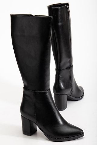 Kadın Topuklu Çizme Siyah Suni Deri Sivri Burun-4207 Siyah