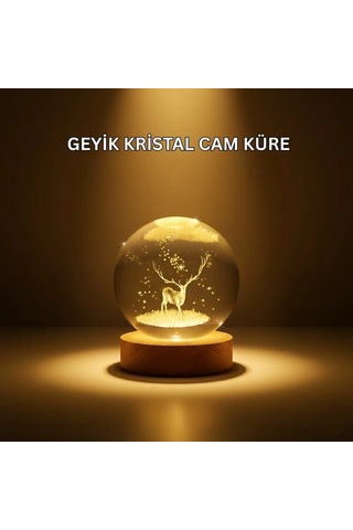 Usb Bağlantılı Geyik Temalı Kristal Küre Premium Masa Gece Lambası Reknli