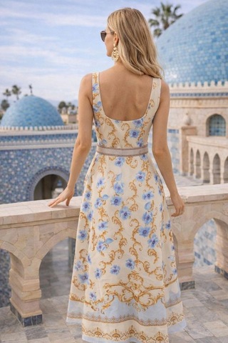 Asprinfashion Kadın İthal Çiçek Desenli Kemerli Düğme Detaylı Midi Elbise Şık Yazlık Elbise Bebe Mavi