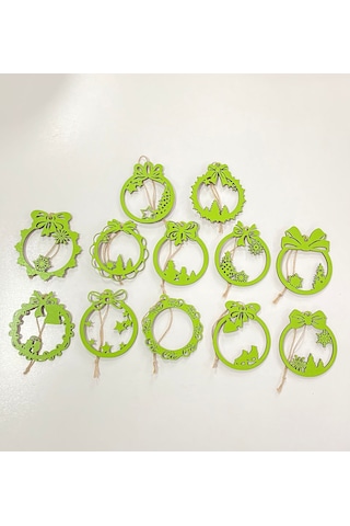 Ahşap 12 Adet Yılbaşı Ağacı Süsü Yeşil