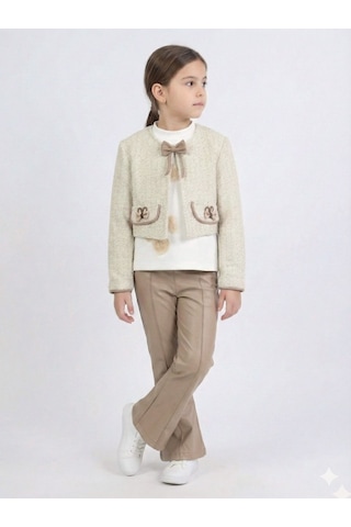 Xo Kids Kız Çocuk Tüvit Ceket Ve Deri Pantolon 3lü Takım 4-14 Yaş 4409 Bej - Kahverengi