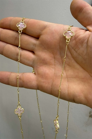 Pembe Taşlı Yonca Kolye 90 Cm Altın