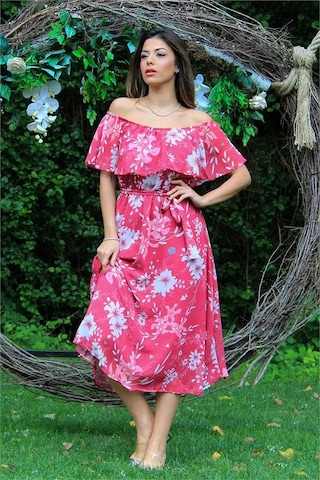 Neşeli Butik Kadın Fuşya Bağlama Detaylı Madonna Yaka Şifon Elbise Nb100371 Fuşya