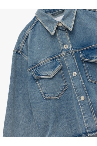 Koton Klasik Yaka Uzun Kollu Pamuklu Düğmeli Cepli Taşlı Denim Ceket Açık İndigo 6wal50005md Açık Indigo