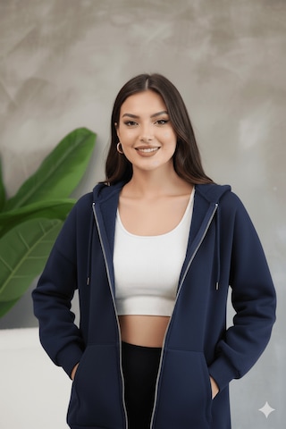 Kadın Genç Unisex Cepli Kapüşonlu Fermuarlı Sweatshirt Hırka Lacivert