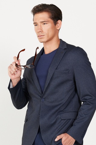 AC&Co / Altınyıldız Classics Erkek Lacivert Slim Fit Dar Kesim Mono Yaka Baskılı Ceket Lacivert