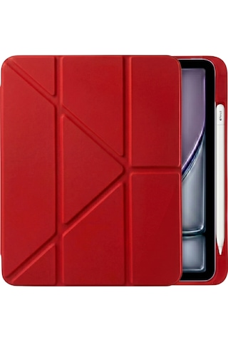 Ps Apple Uyumlu iPad Air 11 İnç M4 / M3 / M2 Tri Folding Standlı Kılıf - Kırmızı Kapaklı Kılıf